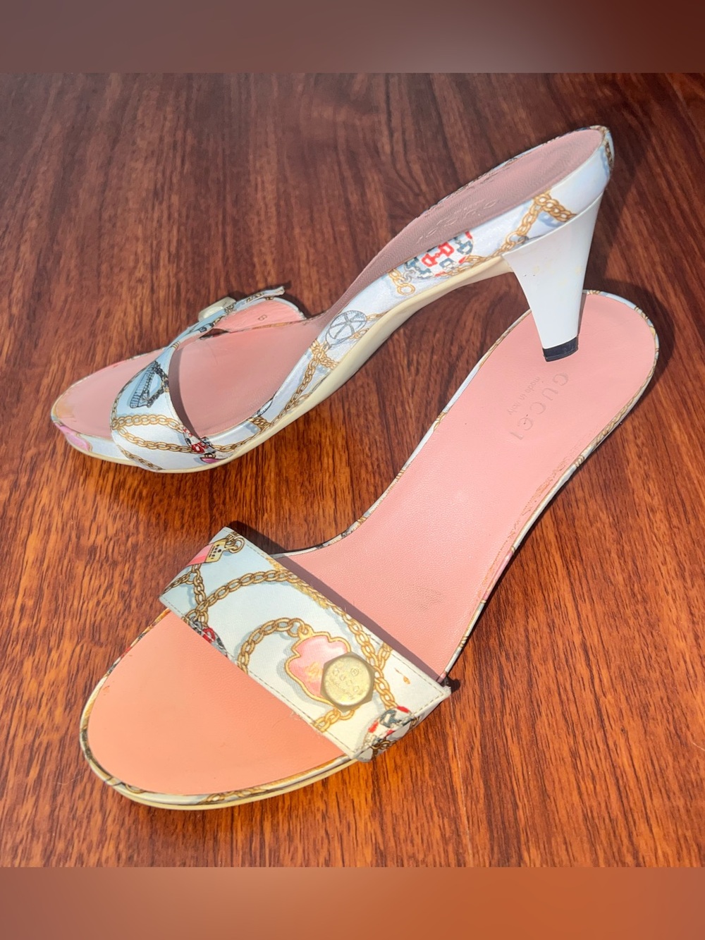 Gucci Pink & Cream Chain-Print Open-Toe Heels
